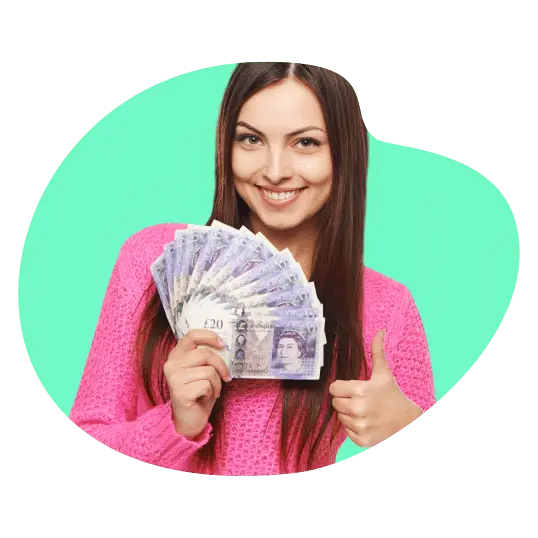 Smiling woman holding a fan of cash and giving a thumbs up.